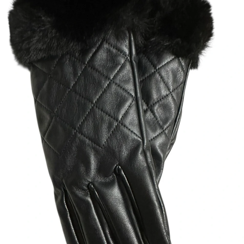 I.N.C. International Concepts Women's Faux-Leather Faux-Fur-Trim Gloves NWOT Blk
